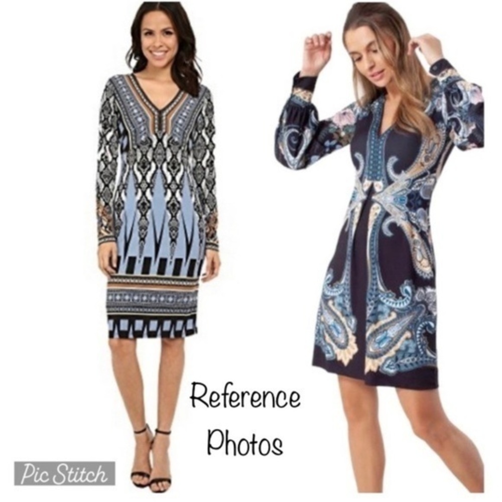 Hale Bob Abstract Print Long Sleeve Dress with Jeweled Neckline